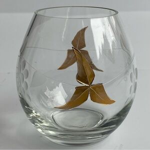 PartyLite Tuscany Votive Holder Clear Glass Etched 24k Gold Leaves EUC Tags On